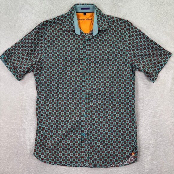 Visconti Black Mens Small Patterned Short Sleeve Button Down Shirt Casual Preppy - Picture 2 of 6